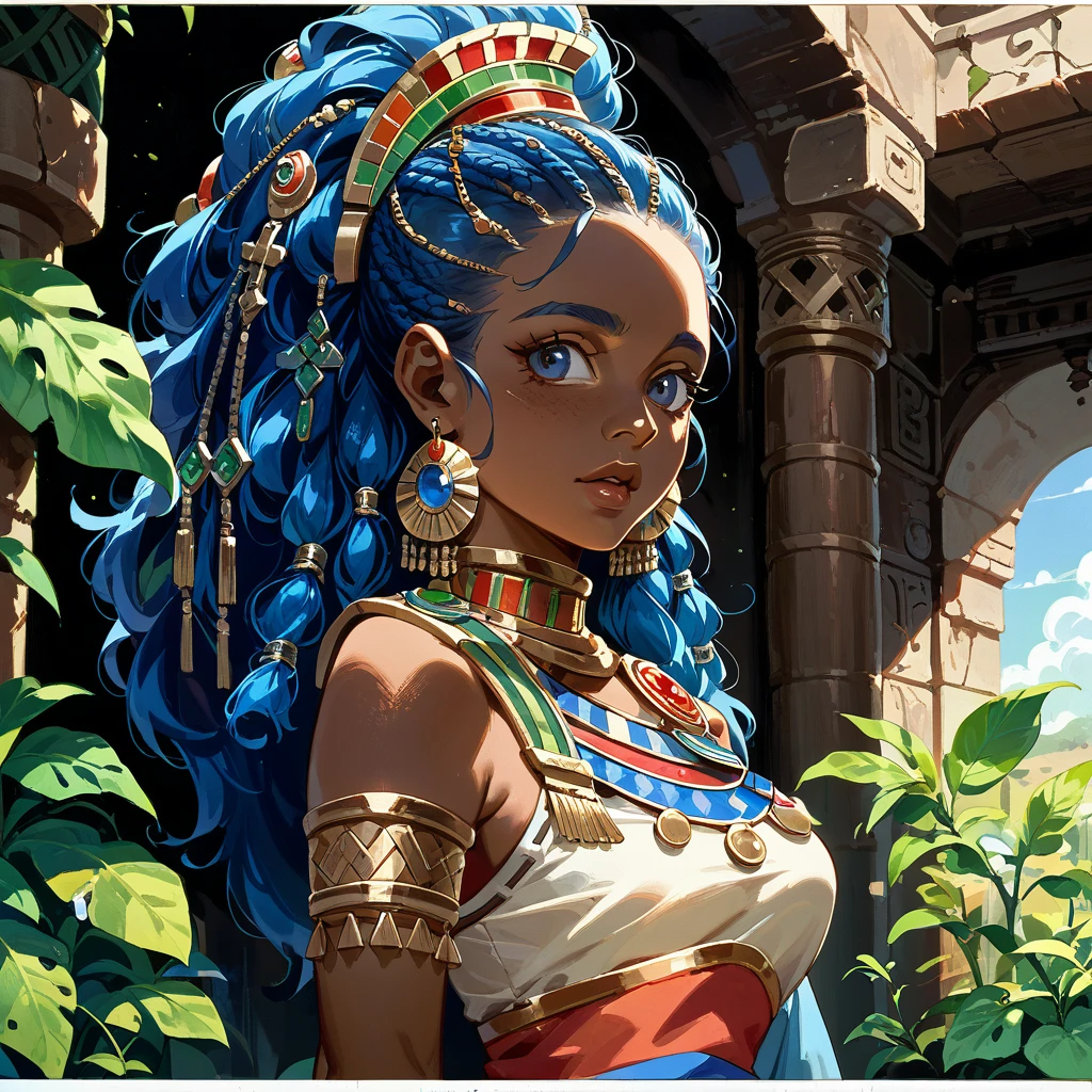 ((Highest quality)), ((masterpiece)), (detailed), （Perfect Face）、The woman is Flora, an African tribeswoman, with blue hair, dark skin, an African hairstyle, and is dressed in tribal clothing and gorgeous tribal accessories, and is wearing an engagement ring.