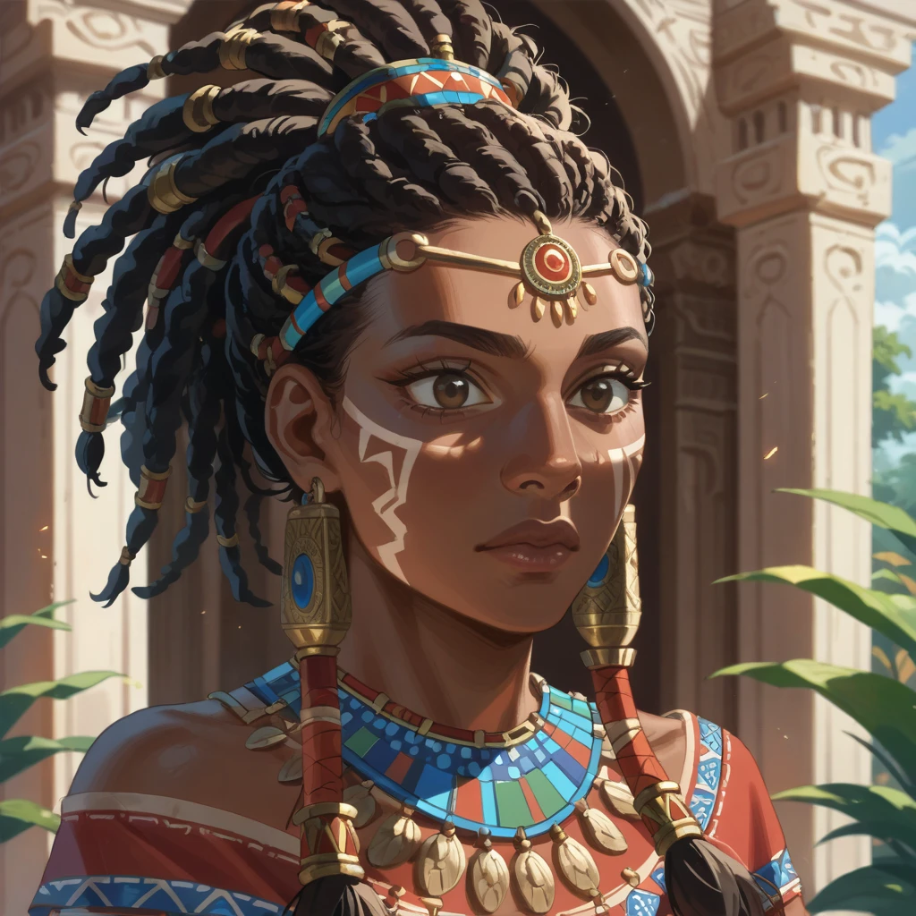 ((Highest quality)), ((masterpiece)), (detailed), （Perfect Face）、The woman is an African tribesman named Yol Forger, with dark skin, African hairstyle, tribal clothing, and gorgeous tribal accessories, and is wearing an engagement ring.