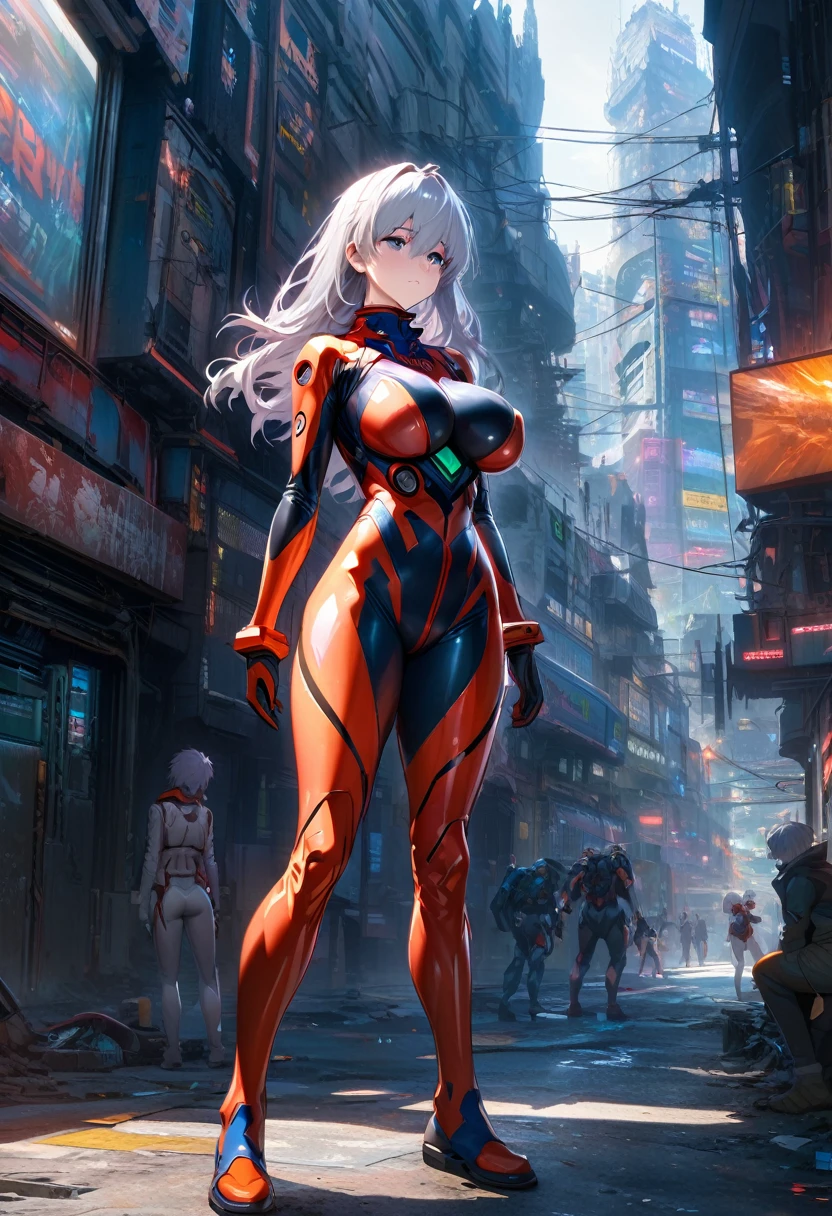Evangelion plug-in suit male focus Nagisa Kaworu pilot suit big breasts breast enhancement blushing and standing alone in the sci-fi city full-body shot