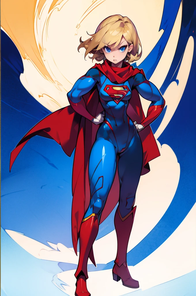 Supergirl, blonde hair, blue eyes, short hair, looking at viewer, scarf, hand on hip, standing, full body, supermansuit, blue bodysuit, red cape
