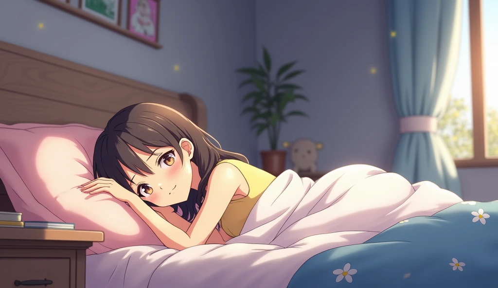 masutepiece, Best Quality, 1 girl, Solo, effect, Dark background, Sleeping in bed with a happy face, Cute Anime