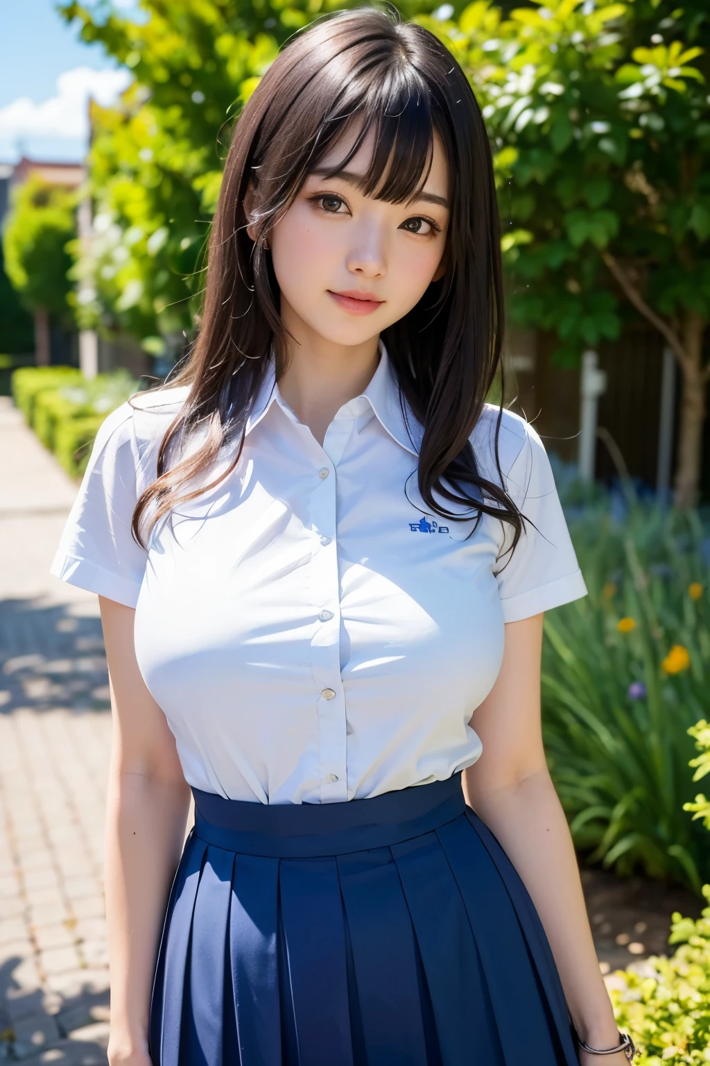 (Highest quality, 8K, 32k, masterpiece, Ultra-high resolution:1.2), Cute Japanese Girl, (Huge breasts:1.1), Long black hair, bangs, (school uniform), Tight waist, (Outdoor, garden, blue sky),(high school girl),