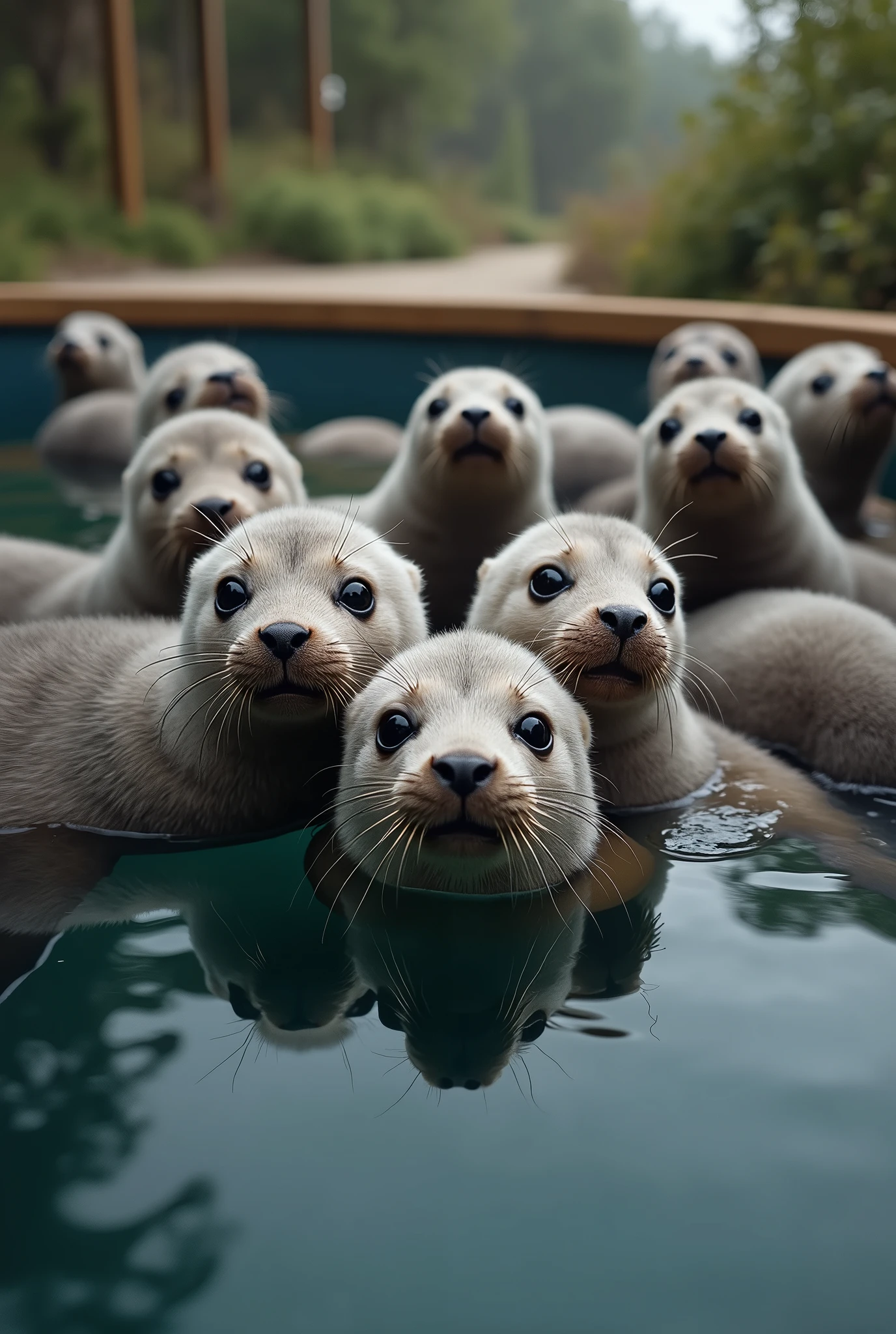 This is a shelter for wild seals in the Netherlands. Many seal pups are standing on the surface of the pool, swimming with their faces just above the water, staring at us with adorable expressions. This is a scene seen from above.