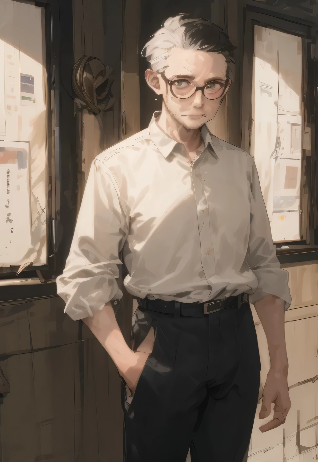  Mature Men, elder,, Slender, short hair, Black Hair、Brown eyes,  Glasses, Black-rimmed Glasses,, Stubble,White shirt, Black trousers, Are standing,