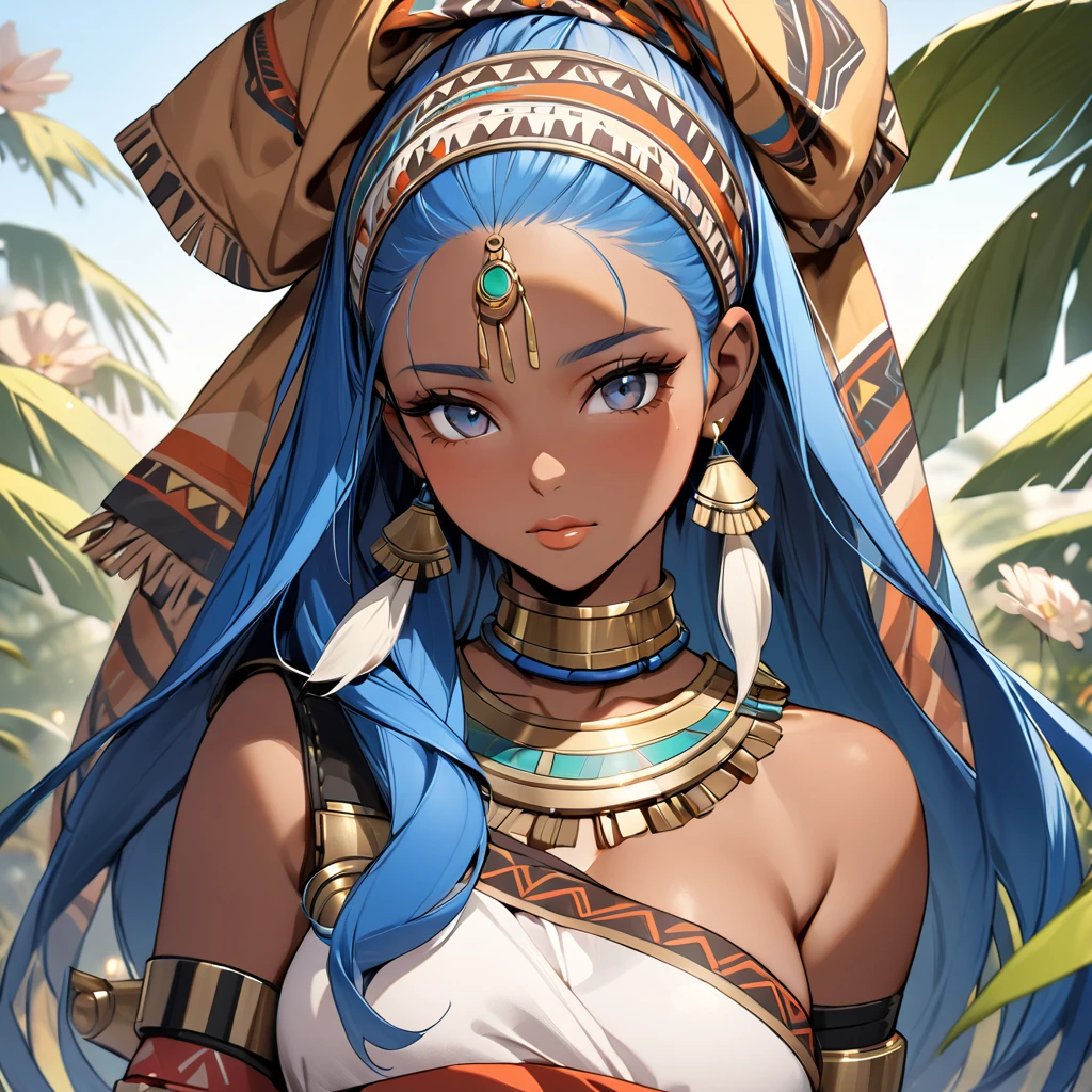 ((Highest quality)), ((masterpiece)), (detailed), （Perfect Face）、The woman is Flora, an African tribeswoman, with blue hair, dark skin, an African hairstyle, and is dressed in tribal clothing and gorgeous tribal accessories, and is wearing an engagement ring.