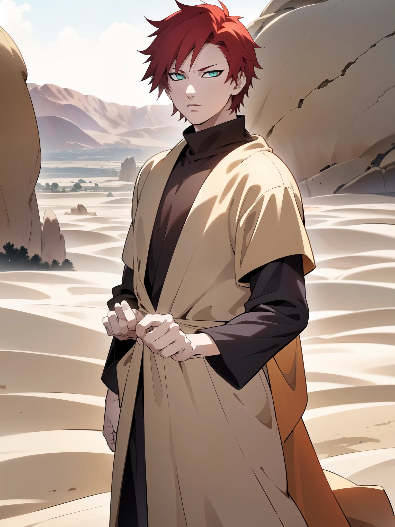 a young boy with red hair, striking green eyes, and a mysterious tattoo on his forehead, wearing a beige robe and standing in a desert landscape with towering rock formations in the background, (best quality,4k,8k,highres,masterpiece:1.2),ultra-detailed,(realistic,photorealistic,photo-realistic:1.37),detailed facial features, piercing gaze, dynamic pose, cinematic lighting, dramatic desert scenery, vibrant colors, moody atmosphere