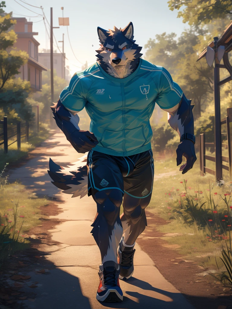 a huge muscular furry wolf jogging, nature, shoes, sweat, hard breathing, (best quality,4k,8k,highres,masterpiece:1.2),ultra-detailed,,detailed wrinkles,detailed facial features,detailed texture, bulge, half body, halfbody