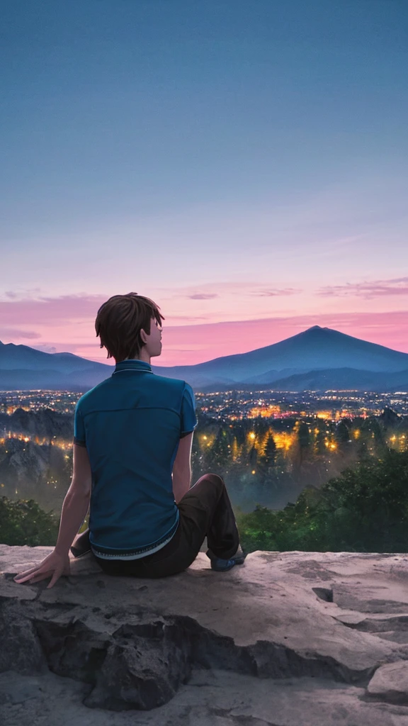 Highest quality，photograph，Beautiful twilight sky，The mountain behind，youth，Back view，solo，Sitting on the ground