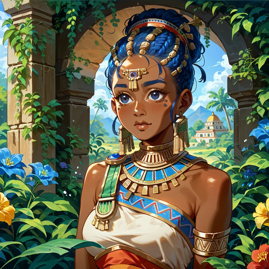 ((Highest quality)), ((masterpiece)), (detailed), （Perfect Face）、The woman is Flora, an African tribeswoman, with blue hair, dark skin, an African hairstyle, and is dressed in tribal clothing and gorgeous tribal accessories, and is wearing an engagement ring.