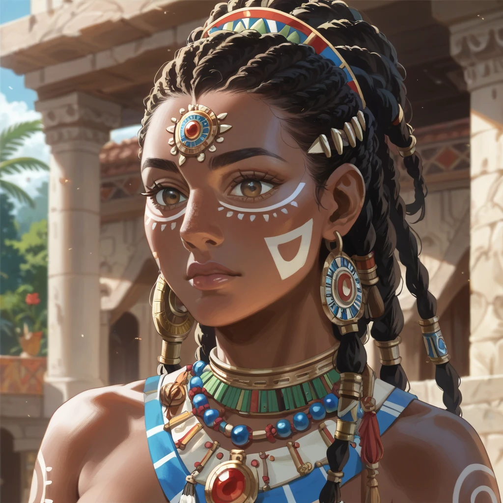 ((Highest quality)), ((masterpiece)), (detailed), （Perfect Face）、The woman is an African tribesman named Yol Forger, with dark skin, African hairstyle, tribal clothing, and gorgeous tribal accessories, and is wearing an engagement ring.