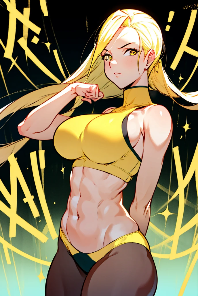 Black background, yellow hair, long hair, 1 girl, Solo, high resolution, high quality,best quality,4k,8k, masterpiece, yellow crop top, thick tights, bigger breasts, yellow jean, yellow eyes shining, looking at viewer, her head slightly  looking you from upper, no emotions, mixt of turquoise, yellow and black in the background, dynamic pose, 