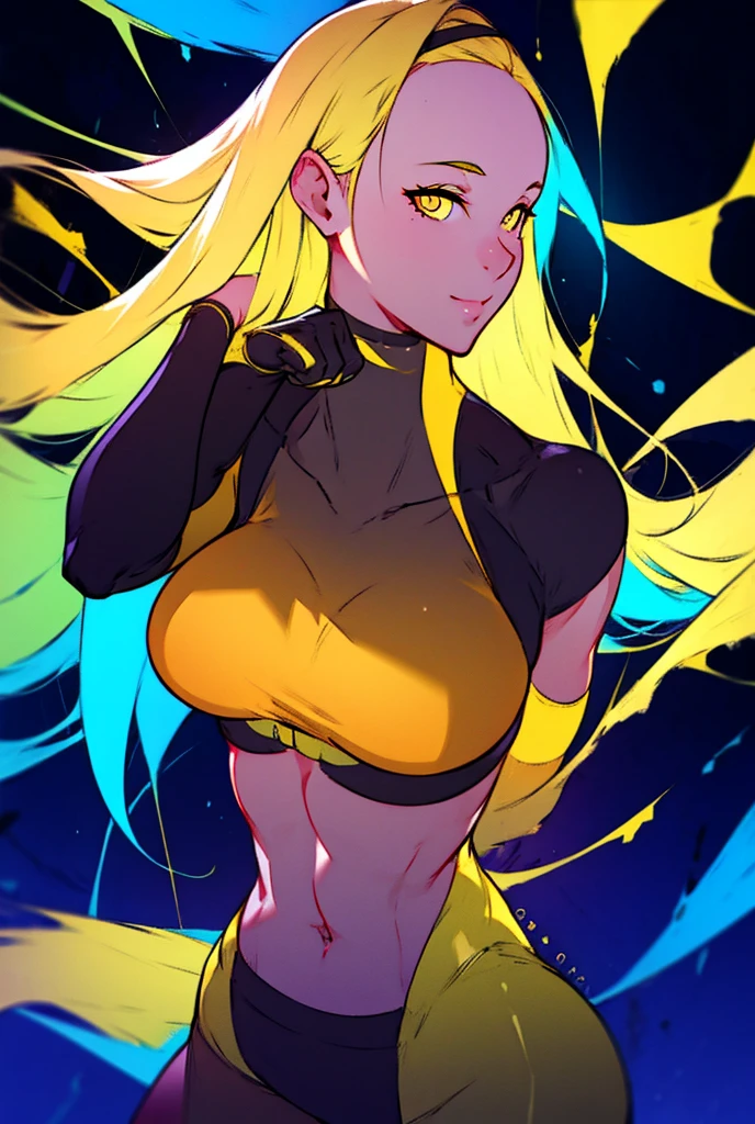 Black background, yellow hair, long hair, 1 girl, Solo, high resolution, high quality,best quality,4k,8k, masterpiece, yellow crop top, thick tights, bigger breasts, yellow jean, yellow eyes shining, looking at viewer, her head slightly  looking you from upper, no emotions, mixt of turquoise, yellow and black in the background, dynamic pose, 