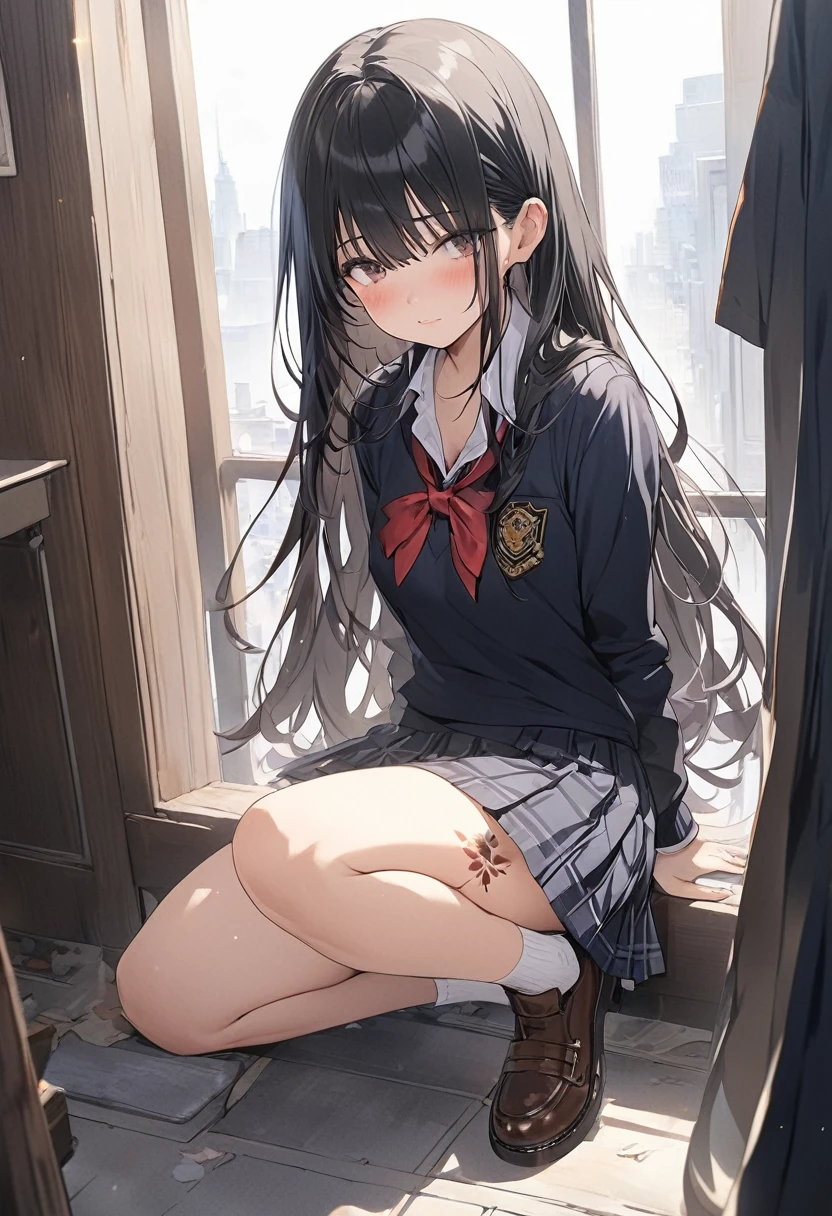 One girl in a mini skirt, Squatting with a crab crotch、Looking down at the viewer, Twin tails, Highest quality, Focus on the thighs, Dynamic pose, smile, blazer, blouse, Black Pantyhose, panties under pantyhose, , classroom, Black Hair,My thighs are steaming between the legs 