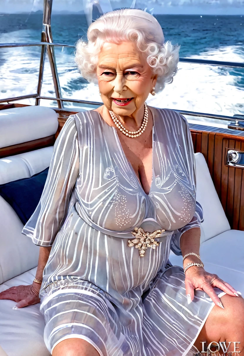 Queen elizabeth 80yo, (nsfw:1.4), (sitting on a premium yacht), (busty saggy breast:1.4), (Large cleavage:1.2), (transparent western tunic dress:1.4), (sensual expression:1.4), (visible breast), (from belove:1.4)