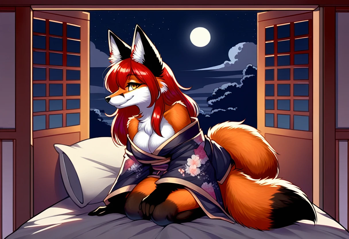 red fox, female, vixen, fox tail, on knees, gorgeous, majestic, elegant, mysterious, alluring, romantic, beautiful, sexy body, voluptuous, hair, scarlet hair, red hair, yellow eyes, smile, friendly smile, looking at viewer with adoration, full body, highres, perfect artwork, absurdres, rzminjourney, vector-art, waifu, on a bed, pillow, in a Japanese bedroom with shrine grounds visible through the open Japanese sliding door, night, night sky and a half-moon, half-moon, pitch black night sky, safe for work, wearing Shinano's clothing, wearing a kimono