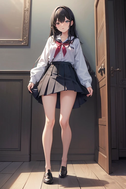 ((Highest quality)), ((masterpiece)), (detailed: 1.4),Anatomical, Award-winning concept art, beautiful, The finer details, 1 girl, alone, Full body paint, skirt, shirt,blush, Long Black Hair, Straight Hair, school uniform, healthy, Active, avert your eyes, Shyness, 最高のdetailed((非常にdetailedな))(High-definition CG illustrations), Anime Style 4k, Proficient in digital anime art, Anime Art Wallpaper
