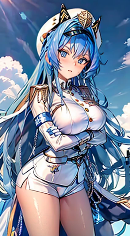 ((Anime Girls)), Highest quality, Expressive eyes, Perfect Face, (masterpiece), Highest quality, Expressive eyes, Perfect Face, ((Highest quality)), ((Very detailed)), ((Very delicate and beautiful)), Perfect Eyes, Perfect body, ((Detailed pupils)), ((Detailed pupil)), ((Symmetrical eyes)), Beautiful Eyes, (((Large Breasts))), ((Thick thighs)), Glowing Skin, Soft Skin, Closed Mount, View your viewers, Beautiful Skin, ((Detailed Background)), ((symmetrical body)), ((Perfect body)), Underview, ((From Beyond（movie)), ((Cross your arms in front of you)), ((Blue sky background)),High resolution, 