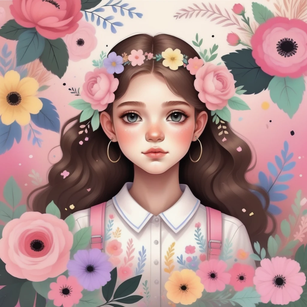 The cover image for notebook journal for girls, artistic theme, cuite pastel colors, florals graphics, design is illustration, very detailling 