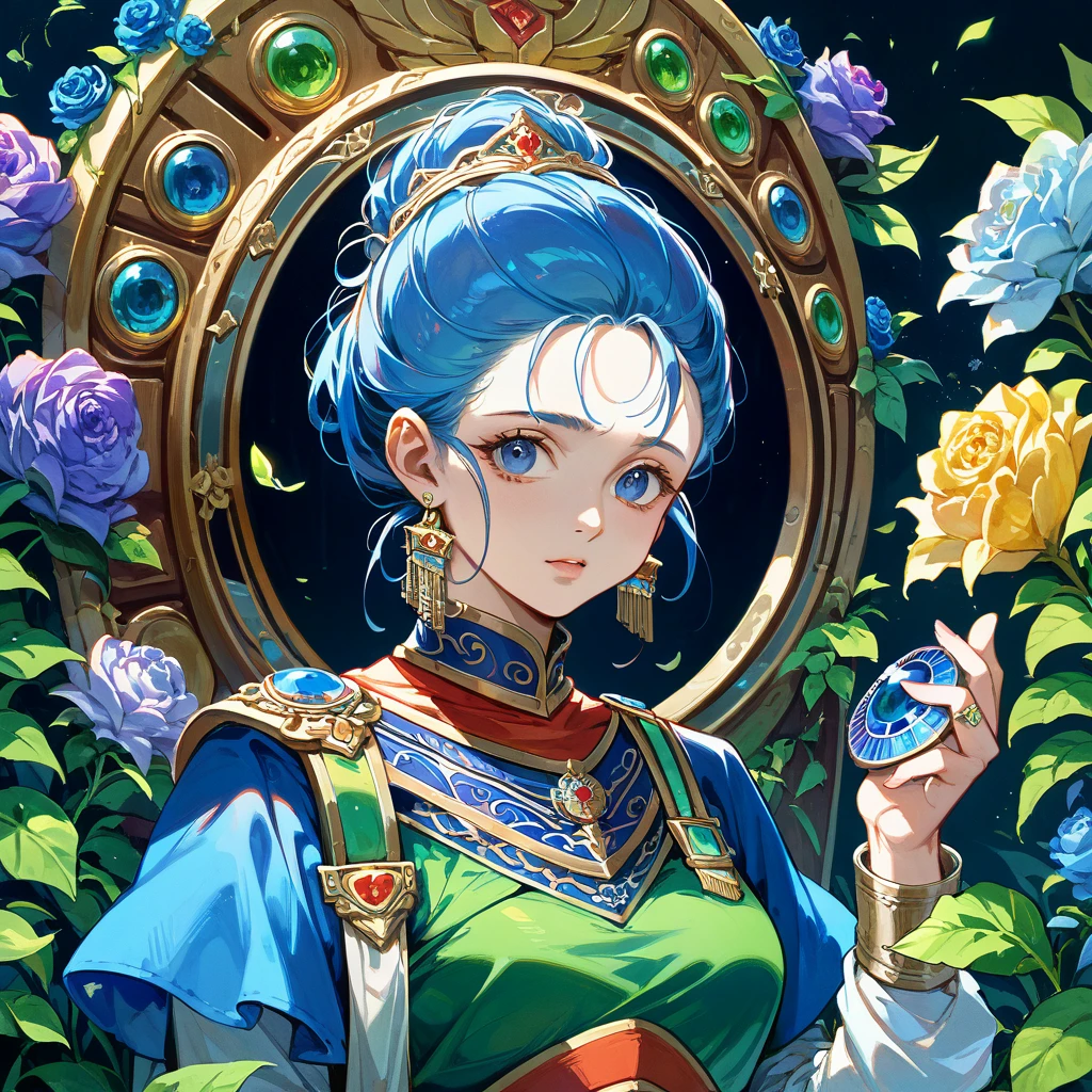 ((Highest quality)), ((masterpiece)), (detailed), （Perfect Face）、The woman is Flora, she has blue hair, a gorgeous dress, gorgeous accessories, and an engagement ring.