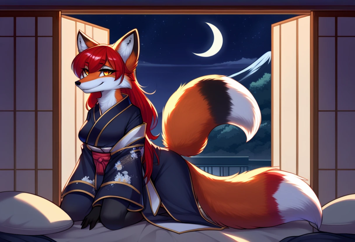 red fox, female, vixen, fox tail, on knees, gorgeous, majestic, elegant, mysterious, alluring, romantic, beautiful, sexy body, voluptuous, hair, scarlet hair, red hair, yellow eyes, smile, friendly smile, looking at viewer with adoration, full body, highres, perfect artwork, absurdres, rzminjourney, vector-art, waifu, on a bed, pillow, in a Japanese bedroom with shrine grounds visible through the open Japanese sliding door, night, night sky and a half-moon, half-moon, pitch black night sky, safe for work, wearing Shinano's clothing, wearing a kimono