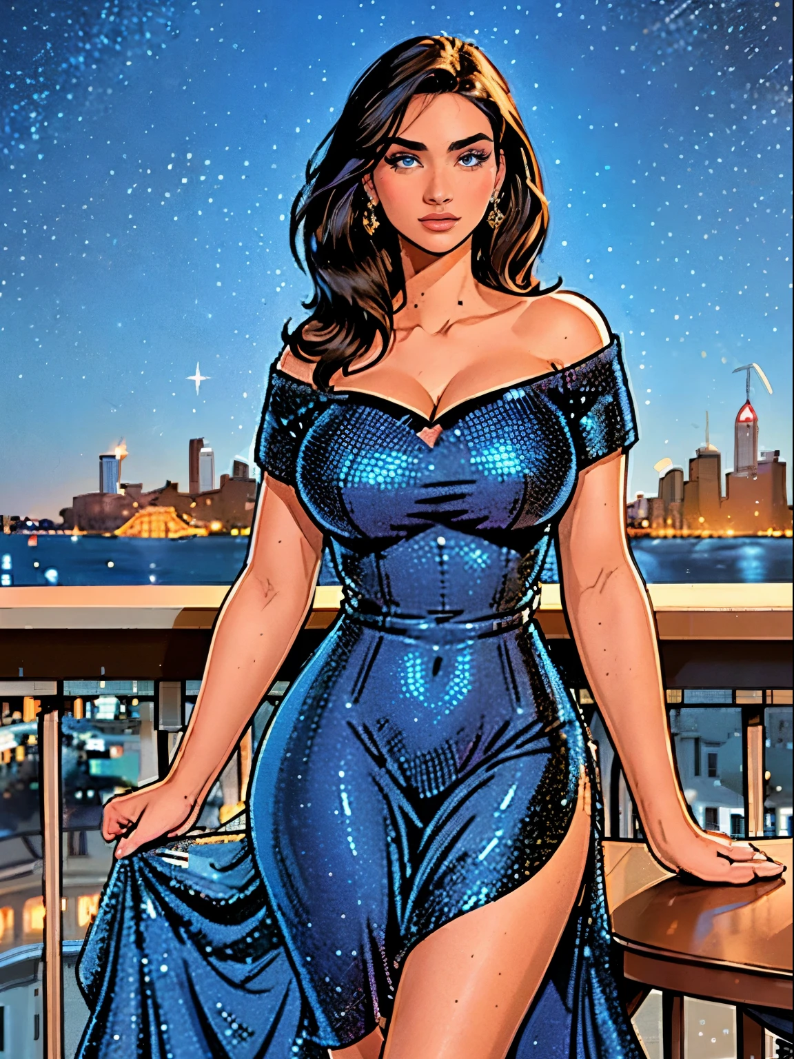 Extremely busty brunette photographer, college girl, fair skin, green eyes, long sexy hair, vintage style, soft face, athletic, ((gigantic breasts, cleavage)), dark blue glitter dress, sequined sparkling dress, tight blue dress, long dress, off-shoulder, strapless, ((sleeveless)), cleavage, balcony, nighttime,
