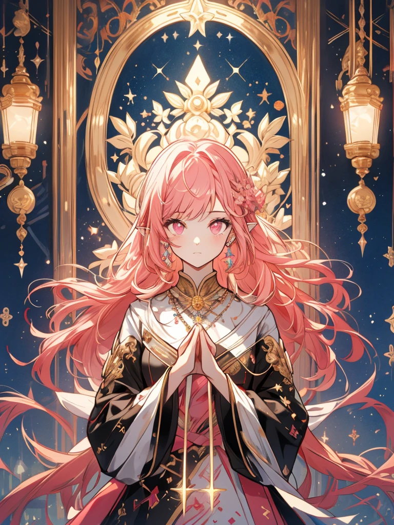 (masterpiece, ultra quality, official art, beautiful and aesthetic:1.2), (1girl), anatomically correct, colorful, ultra highres, unity 8k wallpaper, ultra detailed, pretty, (mandala), divine light, gold foil art, Sparkling Paintings, long pointy ears, pink eyes, pink hair, Iridescent dress, Jeweled Necklace, View audience, cowboy shot, tarotcard, arms up, arms out of frame, praying to God,