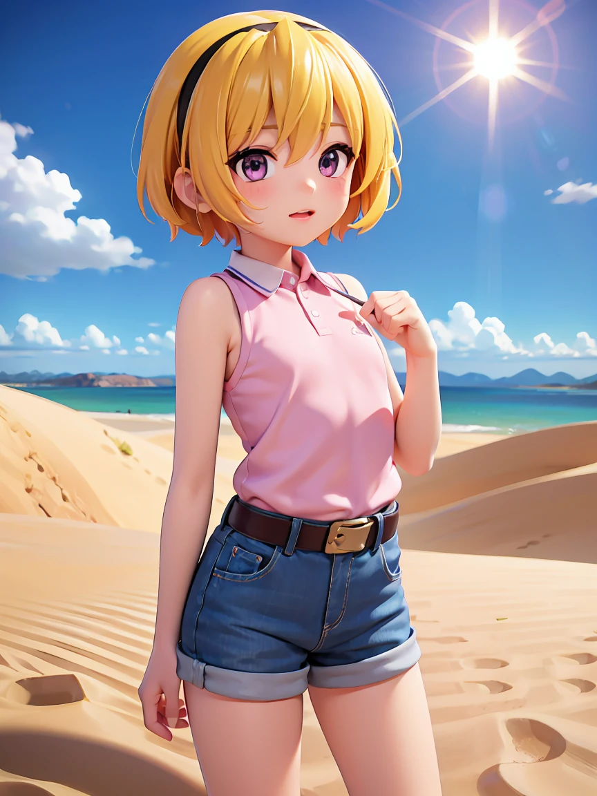 (Satoko Hojo), woman, alone, Yellow Hair, blonde, Purple eyes, short hair, hair band, Flat Chest, , Collared shirt,Sleeveless shirt,(Pink Shirt), (White belt), Denim shorts, Chibi Figures, oasis, Light of the sun, Camel, Sand Dunes, Wind, mysterious, Desert flower,