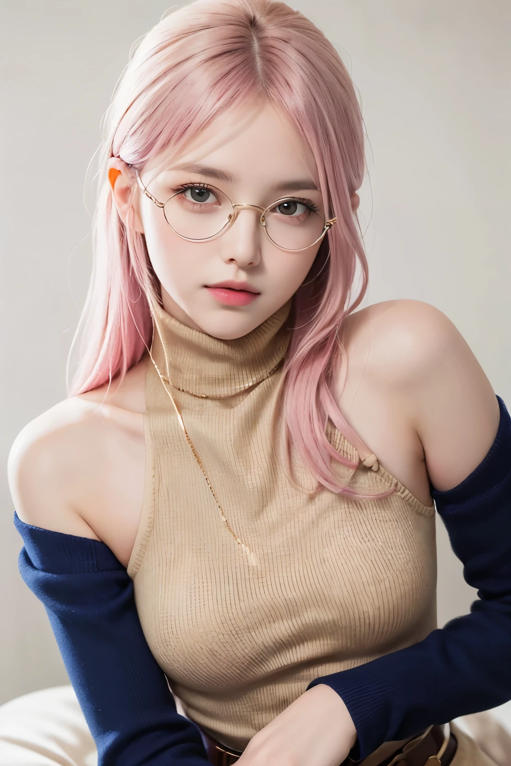 1girl,big breast, pink hair, green eyes,high quality, ultra detailed, masterpiece, realistic, clothes, glasses