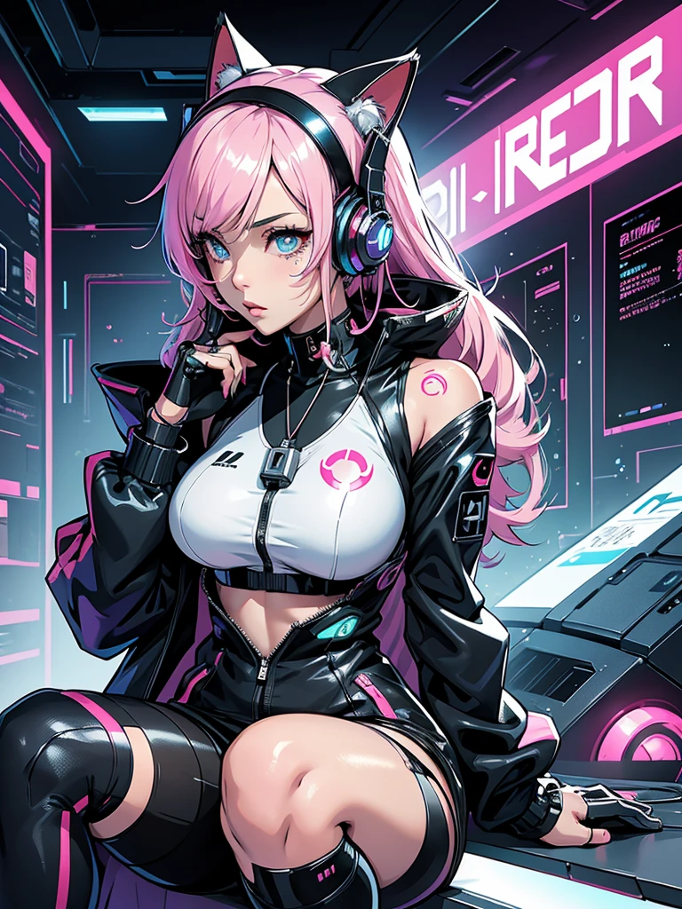 anime girl in futuristic outfit with cat ears and headphones, beautiful girl with cyborg parts, cyberpunk anime digital art, cyberpunk mech anime girl, female, beautiful cyborg girl, perfect android girl, portrait anime space cadet girl, fully body, neckleace, bubble jacket, Eyes red, tattoo on legs, breasts big, high court tennis