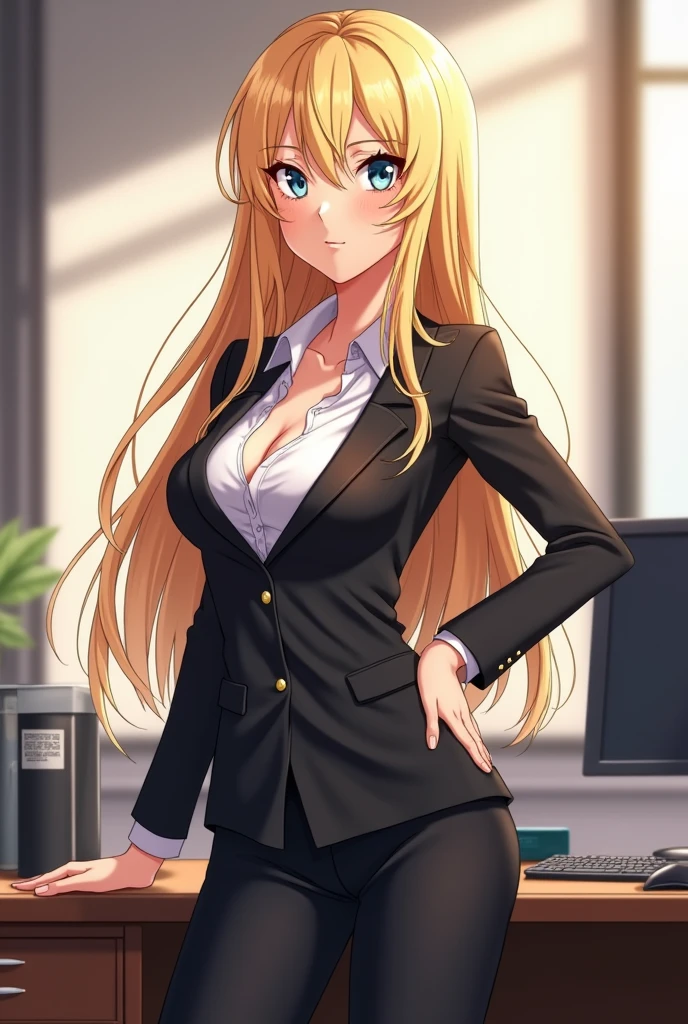 masterpiece, best quality, 1 girl, solo, teenager, large breasts, light brown eyes, bangs, brond hair, braids hair, office staff suit, jacket, pencil skirt, upper body, standing, office
