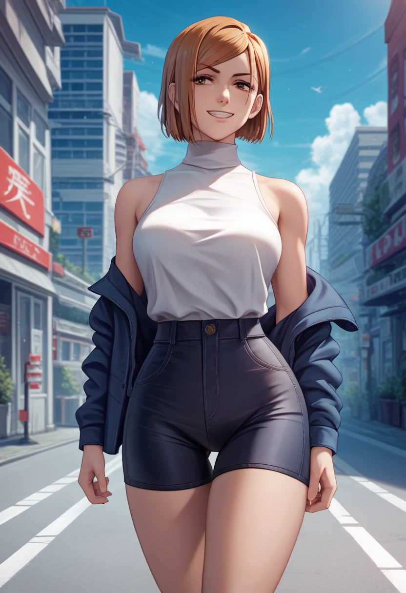 score_9, score_8_up, score_7_up,score_6_up, source_anime, solo, 1girl, kugisaki nobara, smile, looking at viewer , white shirt, off-shoulder shirt, white tight sleeveless turtleneck, thigh-tight skirtt, outdoors, city street, blue sky,4K,Detailed,4k highly detailed digital art,masterpiece,best quality,ligne claire,(cool_color),perfect composition,absurdres, {Highest quality}, {so beautiful}, {Very detailed}, {Best illustrations},{uncensored}