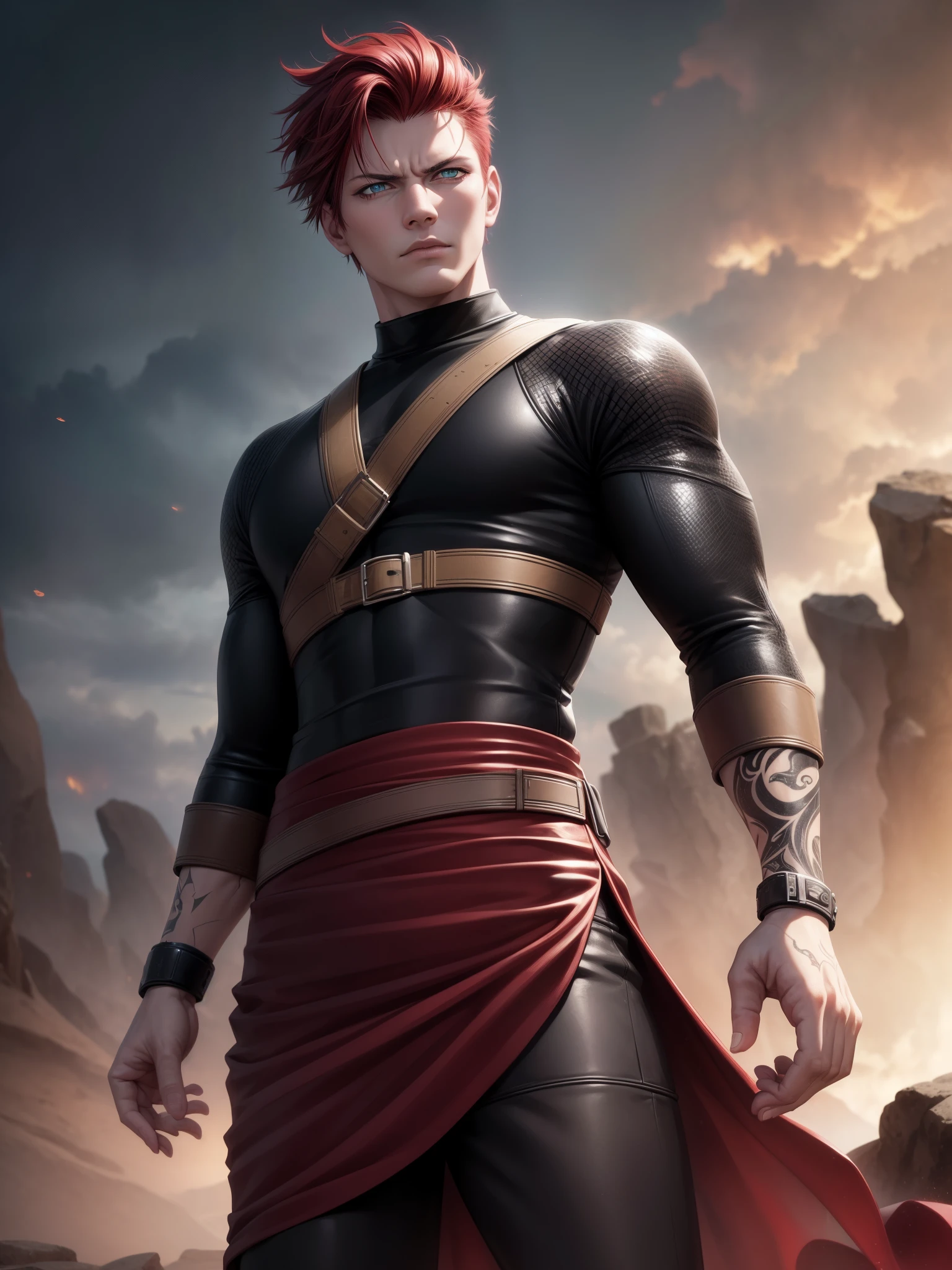 a young man with red hair, striking teal eyes, and a tattoo on his forehead, wearing a black outfit, standing in a desert landscape with swirling sand, dramatic lighting, powerful and brooding expression,(best quality,4k,8k,highres,masterpiece:1.2),ultra-detailed,(realistic,photorealistic,photo-realistic:1.37),concept art,surreal,moody lighting,muted colors,cinematic