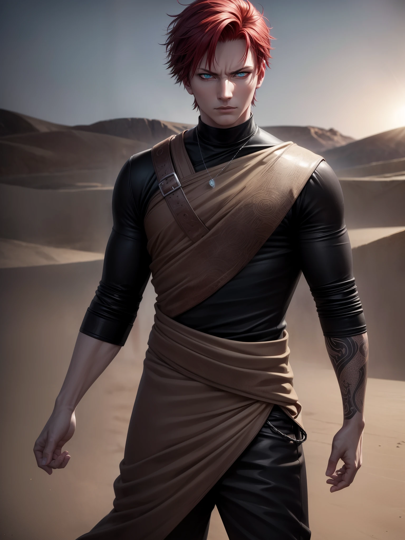 a young man with red hair, striking teal eyes, and a tattoo on his forehead, wearing a black outfit, standing in a desert landscape with swirling sand, dramatic lighting, powerful and brooding expression,(best quality,4k,8k,highres,masterpiece:1.2),ultra-detailed,(realistic,photorealistic,photo-realistic:1.37),concept art,surreal,moody lighting,muted colors,cinematic