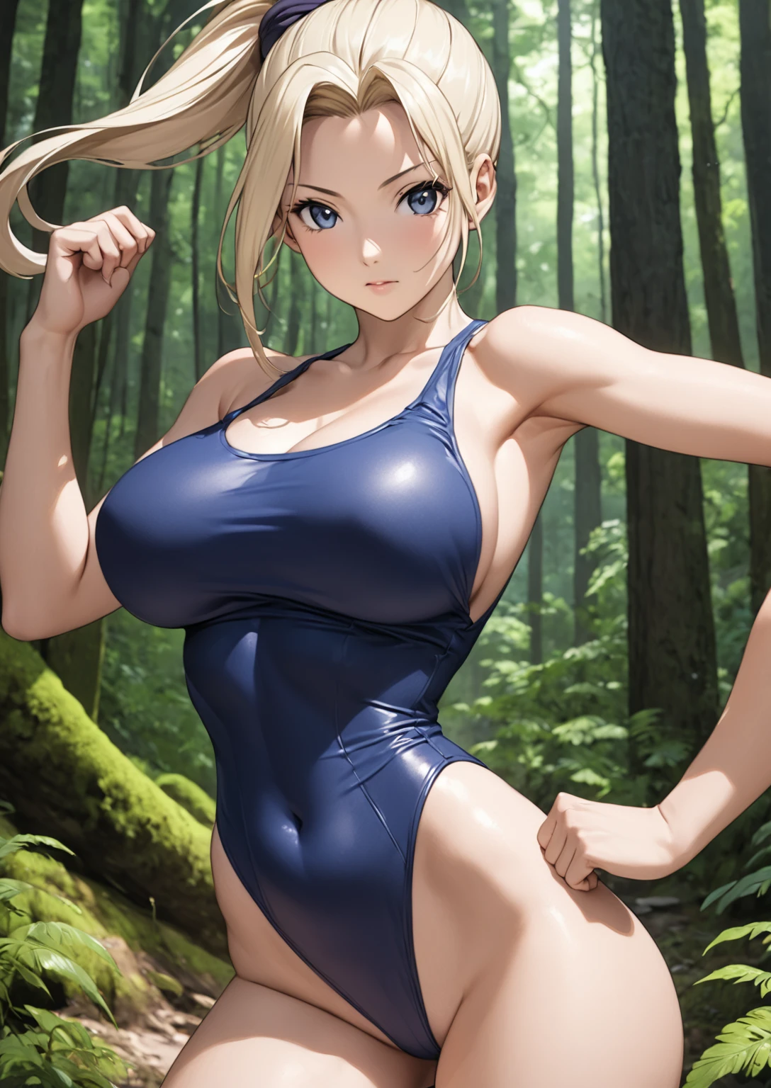 Ino yamanaka is a girl, Girl in a blue leotard posing in a forest area, 独奏, Girl with long blonde tied hair, Strong pose, Very beautiful girl. (beautiful girl, ), Perfect Body, Big Breasts, girl with big breasts, Sexy upper body, Photorealistic perfect body, Sexy body, (The shoulders of the leotard are covered with a tank top, The leotard has a high-cut waist), , Bare legs, Bare shoulders, Bare Arms, looking at viewer, Cowboy Shot, are standing,