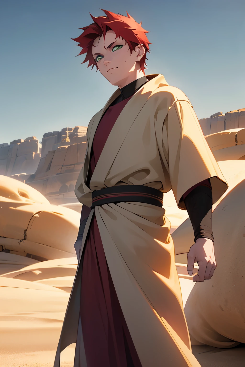 a young boy with red hair, striking green eyes, and a mysterious tattoo on his forehead, wearing a beige robe and standing in a desert landscape with towering rock formations in the background, (best quality,4k,8k,highres,masterpiece:1.2),ultra-detailed,(realistic,photorealistic,photo-realistic:1.37),detailed facial features, piercing gaze, dynamic pose, cinematic lighting, dramatic desert scenery, vibrant colors, moody atmosphere