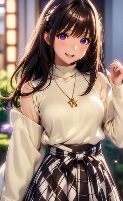 High resolution,In 8K,Highest quality,detailed,Semi-realistic anime,Anime 3D Style,Smooth anime CG,One Girl,One Japanese woman,slim,Modeled,Shiny brown hair,Medium Hair,detailedな顔,Beautiful and detailed,Glowing Skin,(A light cream turtleneck top),((I can see your shoulders)),(((Checkered Skirt))),straggling hair,Angel-like hair,Small breasts,((Deep violet sparkling eyes)),((Looking into the camera)),((Shut your mouth.)),((Laughter))