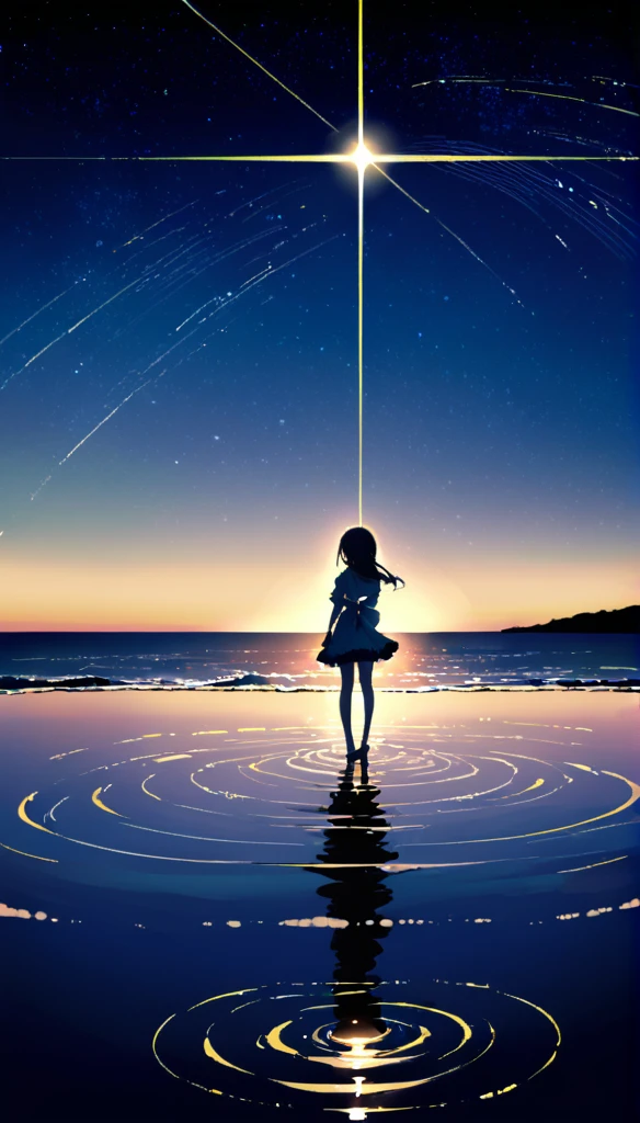 Night view、Japanese Girls、Light clothing、pretty girl、Step into the sea、Standing on tiptoes、landscape、Between the horizon and the sea、Ripples spreading from the toes、Standing about 20 meters away、On the Sea、The whole scene is shining、illumination、