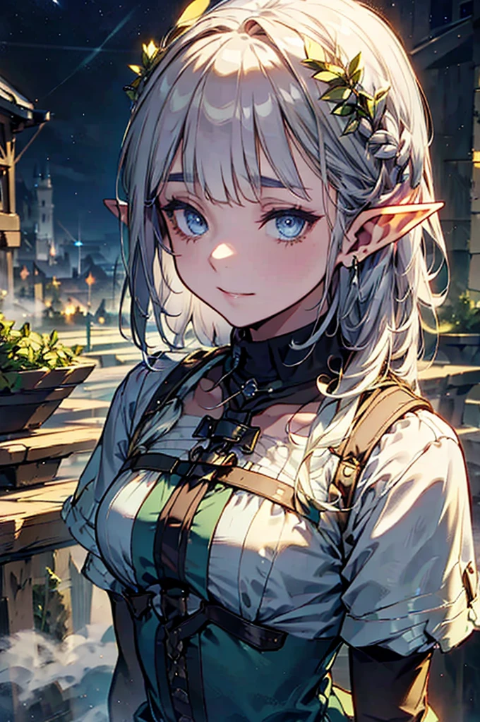 Medieval cityscape at night above the clouds,（Pointed Ears、Elf、blue eyes、green date outfit、Long eyelashes、Silver braided short hair）