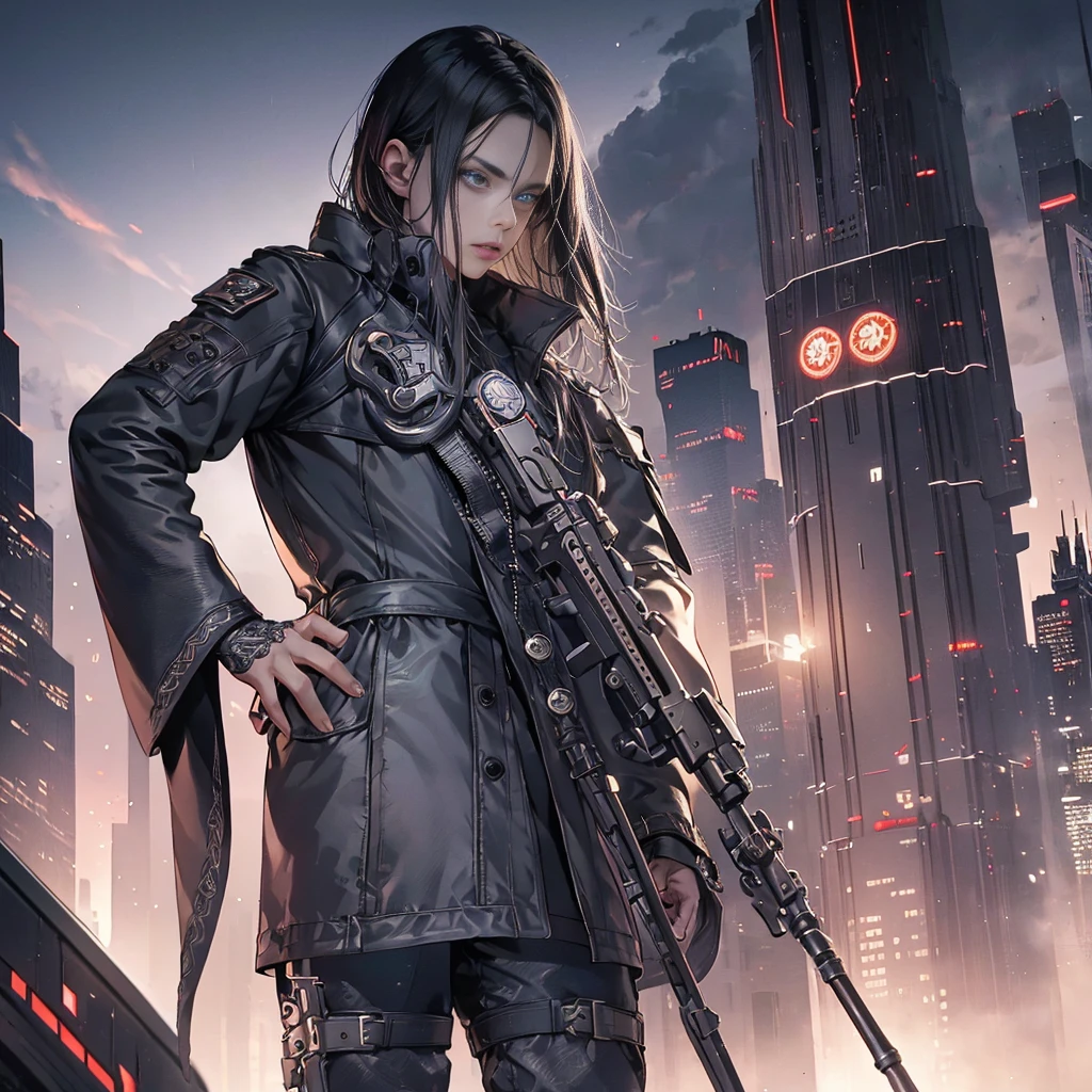 a mysterious man with short black hair and dark blue eyes, wearing a black trench coat, hands crossed holding two swords, standing on a tall building, with a heavily armed soul behind him, (best quality,4k,8k,highres,masterpiece:1.2),ultra-detailed,(realistic,photorealistic,photo-realistic:1.37), cinematic lighting, moody atmosphere, dramatic, dark fantasy, cyberpunk, intricate details, highly detailed facial features, intense gaze, moody lighting, dramatic shadows, cloudy sky