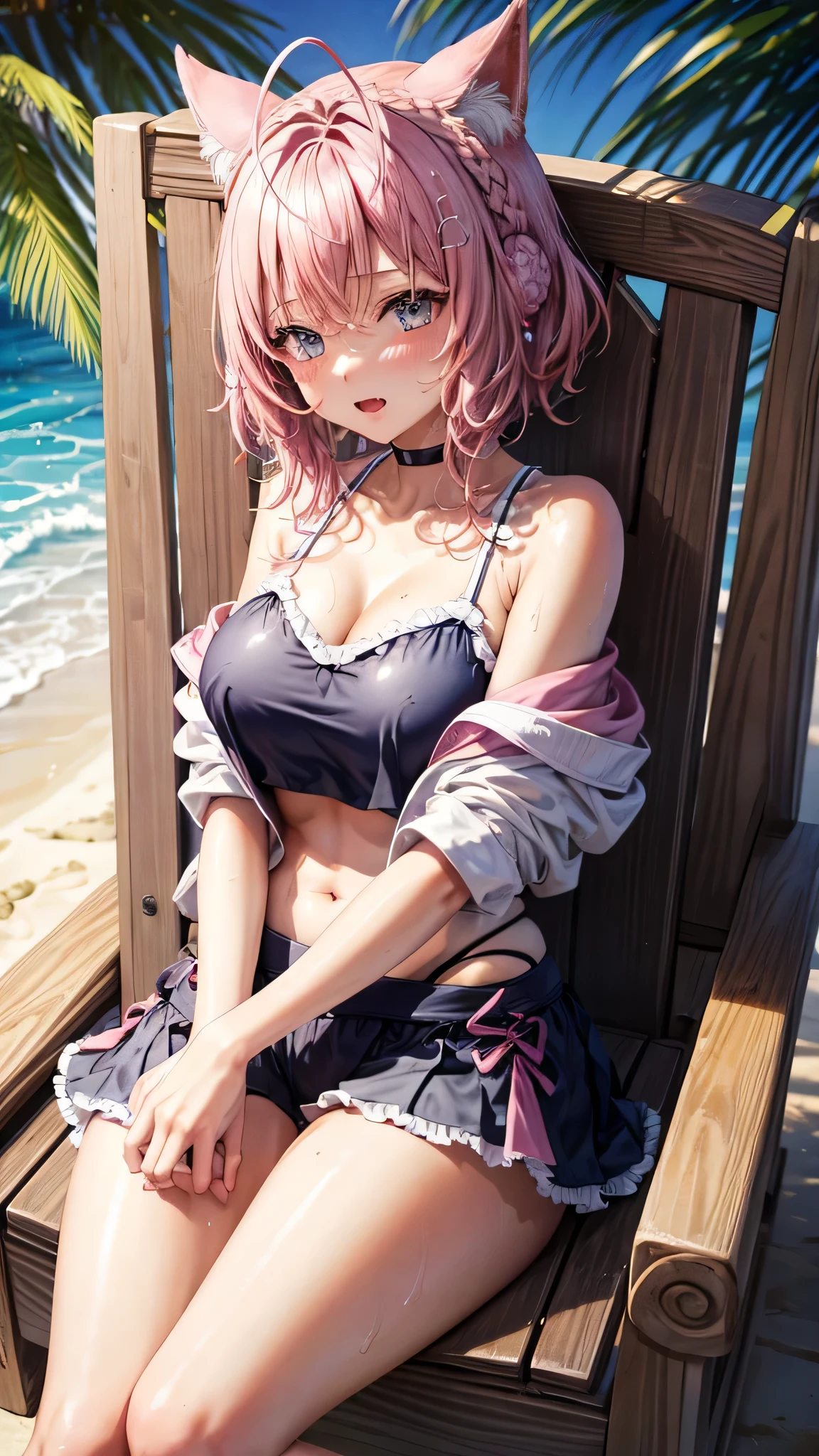 (highest quality)), ((masterpiece)), (Familiar), Perfect Face,Shiny skin,Beautiful breasts,Kyoto Animation style drawing,Shiny skin、Swimwear、hoodie、Sunburned skin、Sweat、Off the shoulder、Double teeth
、Short Hair、Twin tails、Pink Hair、Young、Big Breasts、Embrace、Beach、Sandy Beach、Sunshine、summer、dark skin、close、near、Sit on a chair、Sleeping、