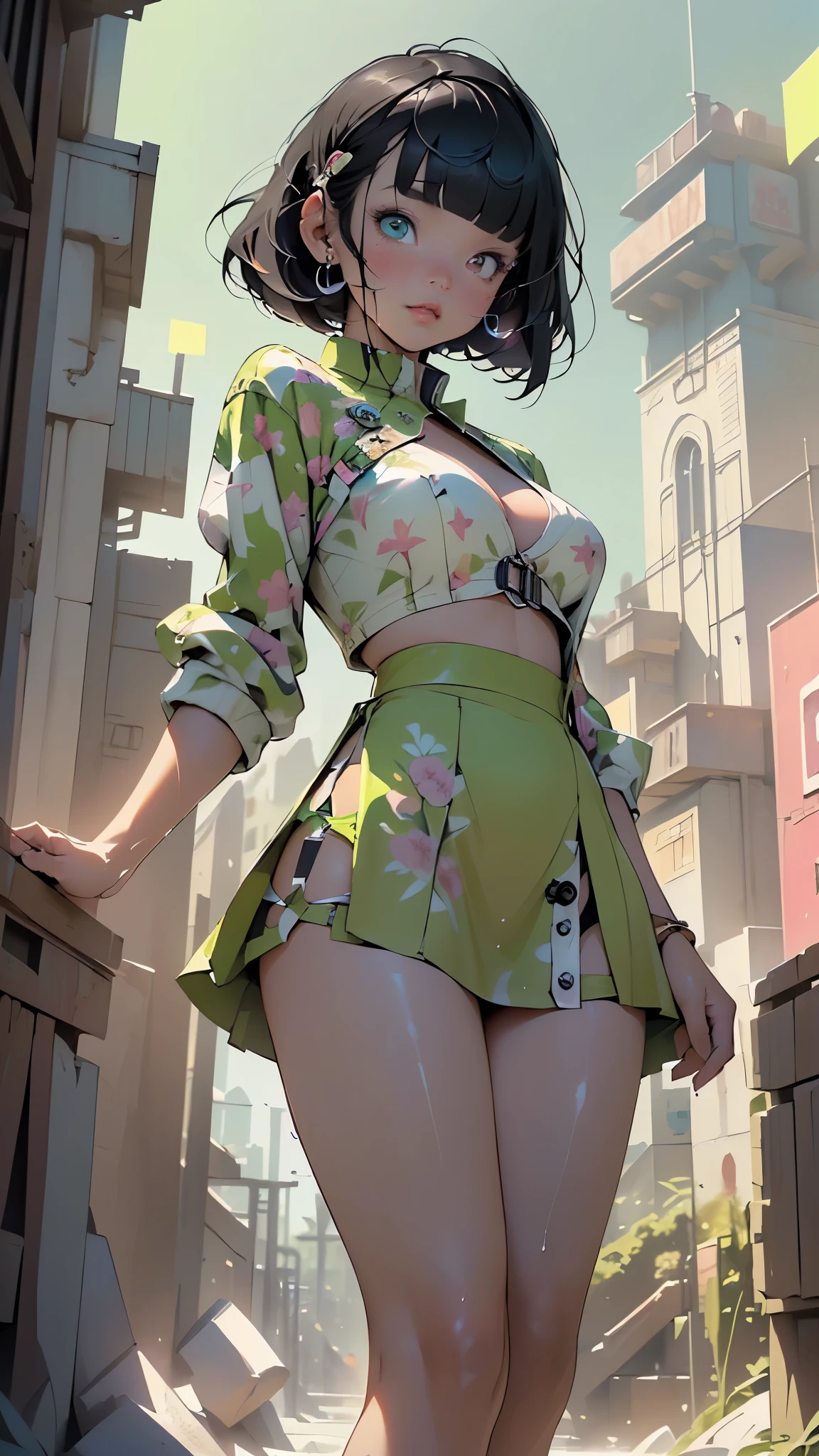 1womanl,18year old,Brown hair,Beautiful ponytail hairstyle, (Teal High Waist Skirt:1.3),, (See-through white shirt:1.3), (double-breasted,Underbust:1.2), Short sleeves, buttonGap,Frameless glasses,,Thighs are wet,(embarrassed:1.2),Pants are see-through,