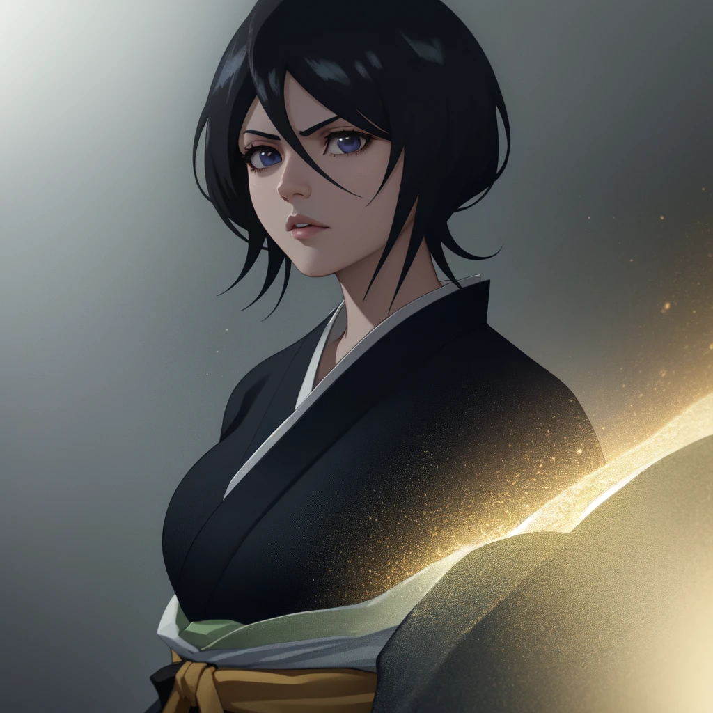 Rukia,beautiful , Very detailed , unreal engine , Octane rendering   , thin and slender  , detailed face, 8k high resolution ,Serious, pants, Wearing a kimono with sleeves, 8k high resolution , Extremely detailed eyes  , masterpiece, gorgeous,  awarded , Closeup of face  , dynamic shadows,volumetric lighting, big breast , black hair , 