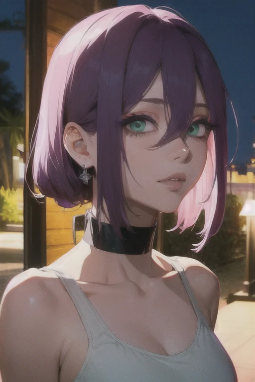 (Highest quality)、(Highest quality)、cut、Chainsaw Man、cute、(choker).eyes are emerald、Her hair is purple、Short Bob、Beautiful night view、whole body、detailed、強力なdetailed、cut、((envy)).