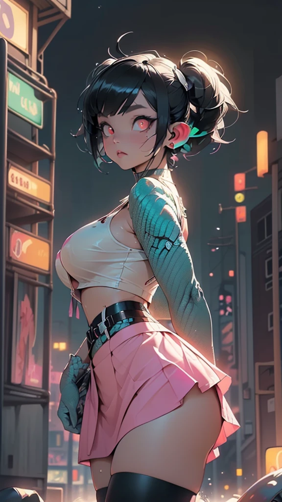 girl alien,(((1girl))),((beautiful girl alien)),

Alien Fish girl, ((blue skin:1.5)), (huge eyes:1.5), (((ear fins:1.5))), (((scaly skin:1.5))),((monster_girl)),(deep blue skin:1.5),

(turquoise hair:1.5), short hair, (((very short hair:1.5, twintails hairstyle))),

(glowing eyes, turquoise_eyes:1.0), (((black sclera:1.5))),symmetrical eyes,(large breasts:1.4),saggy breasts,((colored inner hair)),((fat)),(((shiny body,plastic glitter skin,exaggerated shiny skin,illuminated skin,wet legs))),(spider lower abdomen,narrow waist,wide hip,athletic body,inflated legs, thick thighs,detailed body,(detailed face)),

cute,slutty,seductive,erotic,((nsfw)),

zettai ryouiki,revealing clothing,show skin,((rave bikini,((neon pink  color rave mini-skirt)),visible thong straps)),((underpants strap)),(wearing a rave dancing outfit:1.3,rave dancing clothes,semi-naked,with little clothing),(((pink clothes))),((wet clothes,intricate outfit,intricate clothes)),

(dynamic pose:1.0),solo focus,embarrassed,(centered,scale to fit dimensions,Rule of thirds),

cyberpunk city by the ocean at night, with bright neon signs and dark stormy clouds and puddles, scenery:1.25,nighttime, starry night, cosmos,Very dark night that makes the neon lights stand out, very bright neon lights,

artistic photography,(photography taken by sldr),highres, sharp focus,(ultra detailed, extremely detailed), (photorealistic artwork:1.37),(extremely detailed CG unity 8k wallpaper),((synthwave background theme)),(((vibrant colors))),intricate,(intricate background),(masterpiece),(best quality),perfect rendered face,perfect face details,realistic face,photo realistic,analog style,((intricate detail)),(((realism))),