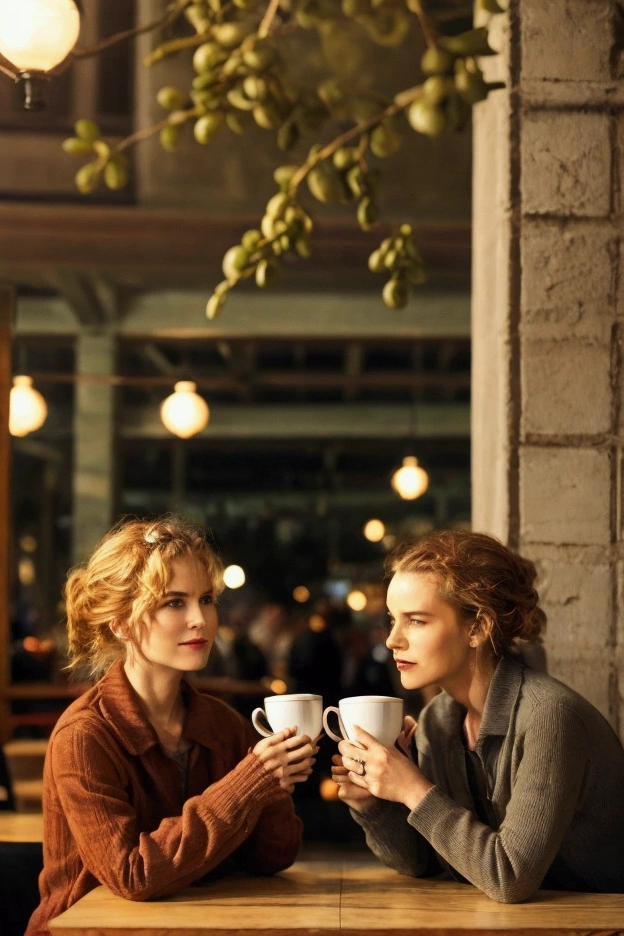 **Two friends in a café**: a man and a woman
   "Create an illustration of two friends sitting at a small table in a cozy café, surrounded by warm lighting and coffee cups."