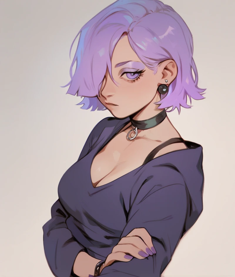 score_9, score_8_up, score_7_up, score_6_up, 1girl, solo, sexy, Lily, LilyDuolingo, girl, light purple hair, hair over one eye, purple nails, thin body, Girl with a Pearl Earring, aid29
