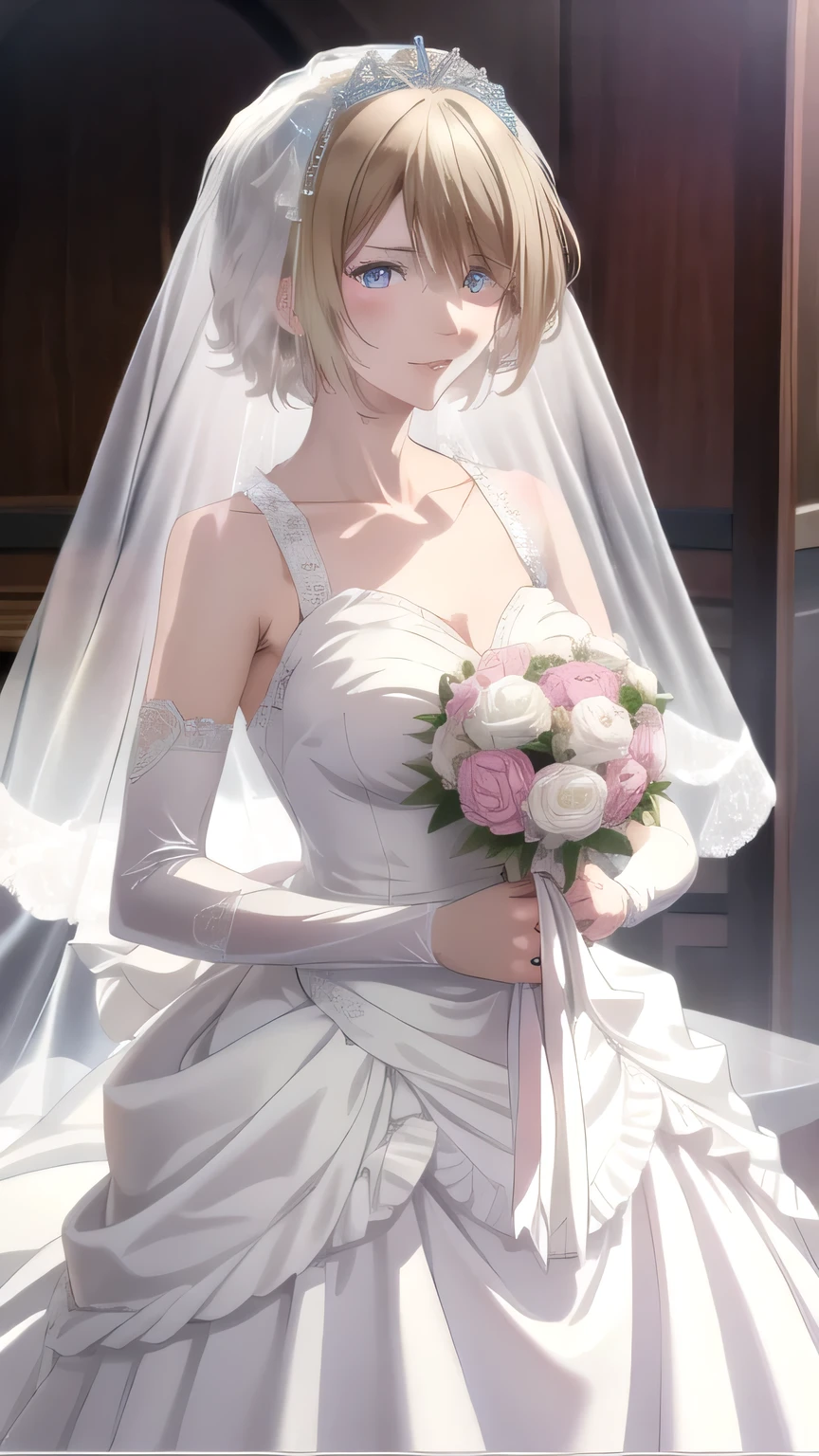 (masterpiece, Best Quality),akane hououji, 1 girl, multicolor fur, hits, by the wide, blue eyes, blonde hair, medium breasts, wedding dress, smile, blush, looking at the viewer, bride, wedding , in bedroom