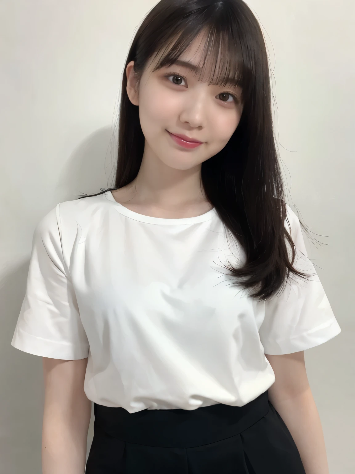 High Quality, High Resolution, (Photorealistic: 1.4), 1 Girl, (Black Hair: 1), (Small Breasts: 1.6), Close-up, Inside the Room, White Short Sleeved Shirt, (T-Shirt: 1.3)