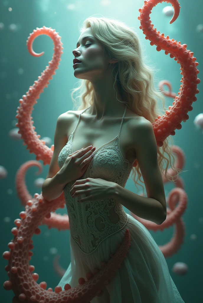 (best quality, ultra-detailed, 8k resolution, surreal fantasy artwork, ethereal lighting and mist, beautiful woman as central figure, surrounded by numerous large glowing tentacles, tentacles coiling around her arms, waist, legs, and hair, intricate interaction between skin and tendrils, soft bioluminescent glow, Cthulhu-inspired aesthetic, elegant yet suggestive pose, translucent flowing gown, underwater dreamscape, gothic ruins in the background, cinematic shadows, flowing composition, emotional expression—vulnerable yet empowered, otherworldly color palette (deep violet, teal, soft coral), high-fantasy concept art, intense focus on tentacle forms and texture, harmony between figure and tendrils