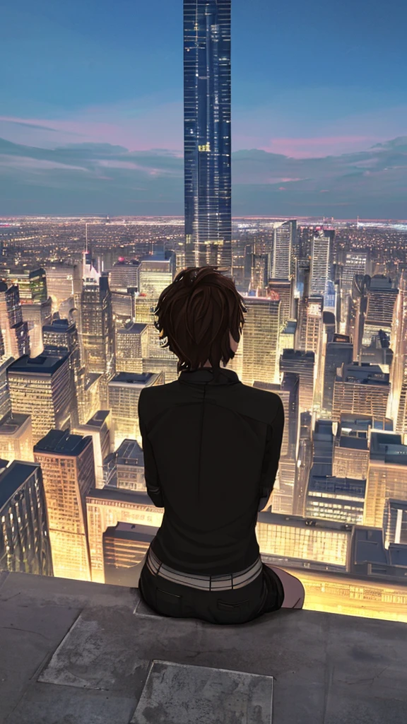 Highest quality，photograph，Beautiful cityscape，youth，Back view，solo，Sitting on the ground